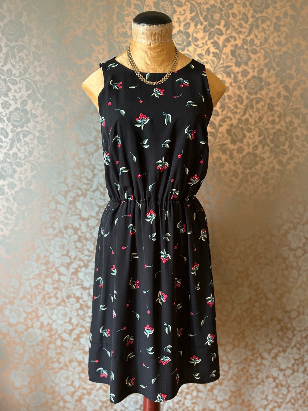 Cherry Bobin Sleeveless Black Midi Dress with Cherry Print - Made in Canada